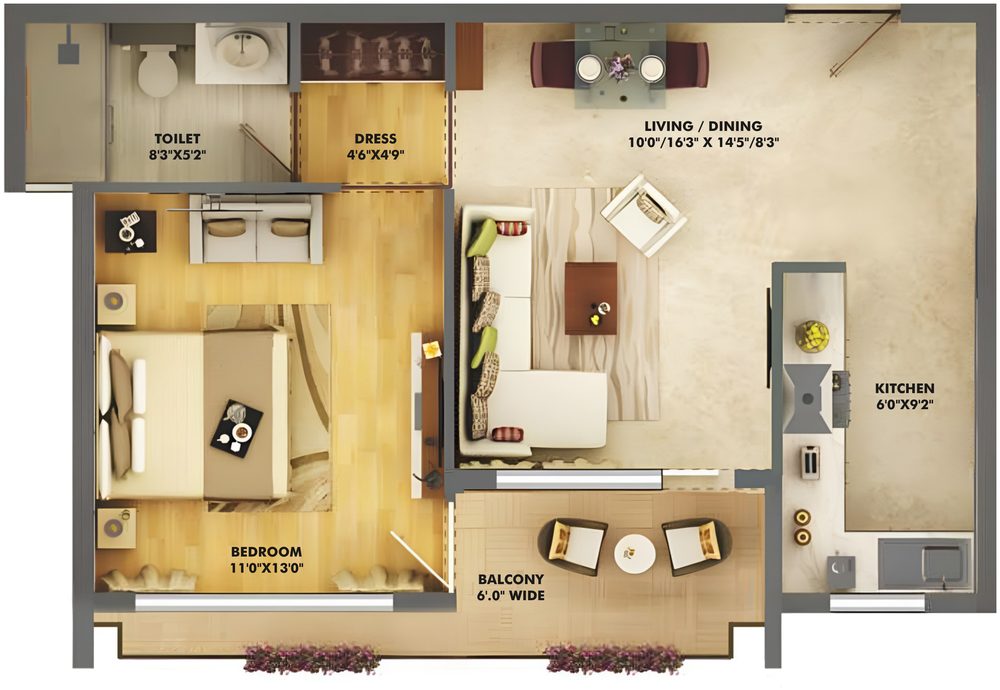 The Melia Tower J 1 BHK Floor Plan